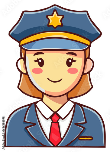Smiling cartoon police officer portrait in a uniform with a hat and tie.