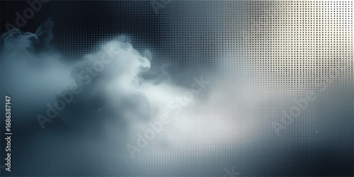 An abstract background of vibrant blue light rays pierces through a dramatic, cloudy sky