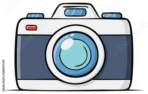 Blue and white cartoon camera with a large lens and simple details in digital illustration style.