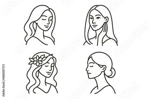 Set of female portraits. Woman face line art. Hairstyle silhouette. Minimalist logo for beauty salon, spa, cosmetics. Elegant feminine vector illustration. Girl profile.
