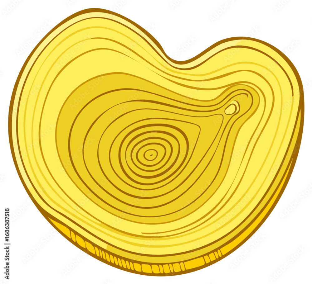 Fototapeta premium Golden heart-shaped wood slice with natural annual growth rings texture