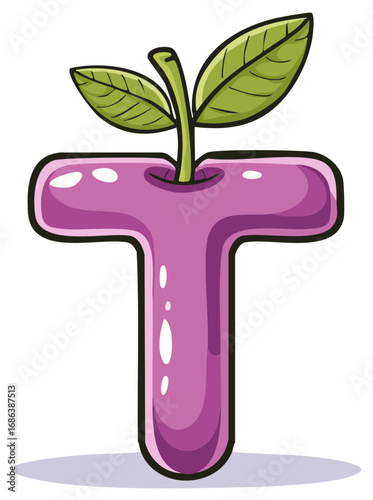 Vibrant Glossy Purple Letter T Alphabet Character with Fresh Green Leaves and Stem Illustration