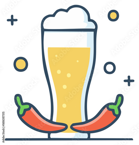 Vector icon of a pilsner glass of beer with spicy red chili peppers