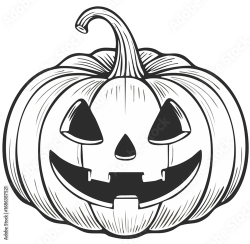 Smiling Jack o lantern carved pumpkin black and white line art for Halloween