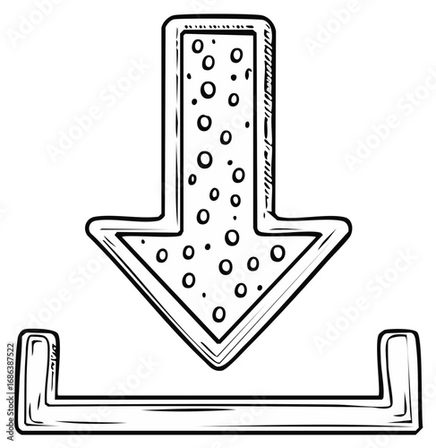 Hand drawn download icon showing a arrow pointing down in a square and circles pattern illustration