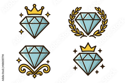 Diamond vector icon set with royal crown and laurel wreath. Luxury gem and jewel collection for logo design. Brilliant, crystal, and precious stone symbol for jewelry or casino.
