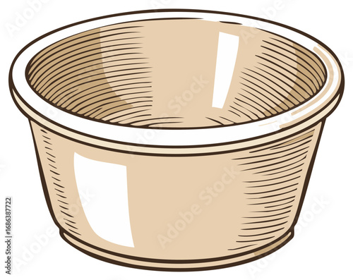 Vintage engraved beige bowl illustration. Empty light brown serving dish drawing. Isolated kitchenware artwork.