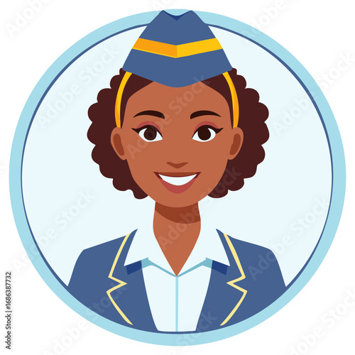 Smiling African American woman in a stewardess uniform, cartoon illustration