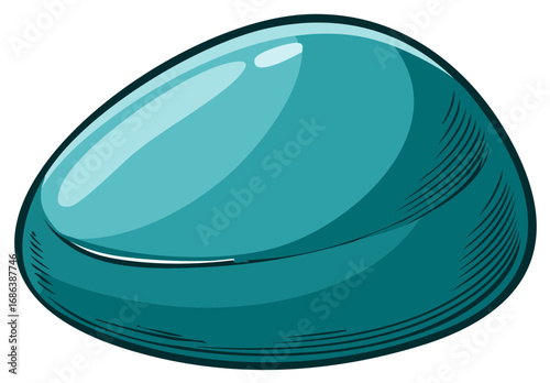 Isolated Polished Turquoise Stone Drawn with Hatching Marks, Aqua Gem