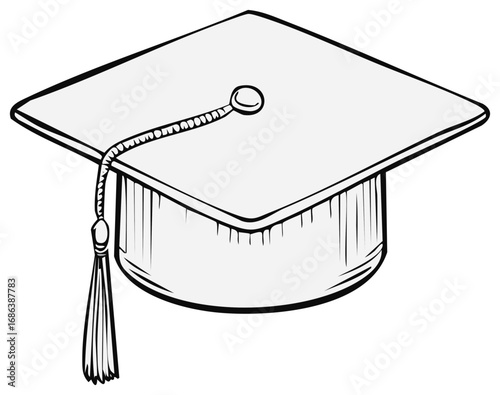 Black and white line art illustration of an academic graduation cap mortarboard with a tassel