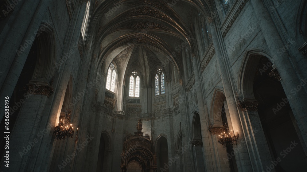 Fototapeta premium Grandeur Inside a Cathedral with Vaulted Arches and Light Streaming Windows