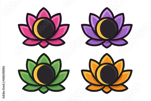 Lotus flower with crescent moon logo icon set. Colorful vector collection for yoga, meditation, spa, wellness. Esoteric spiritual symbol. Sacred feminine logotype design.