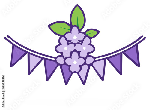 Floral Garland Celebration: Lilac Flowers and Purple Bunting Flags Hanging Illustration