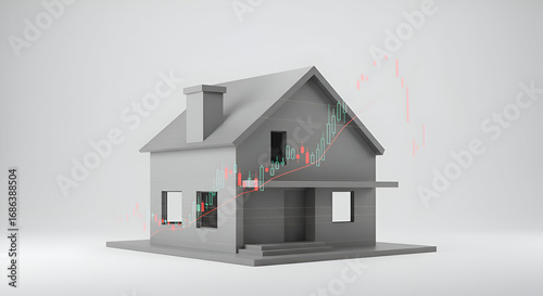 Wallpaper Mural Gray model house with financial chart overlay. 3D rendering of a house with rising stock market data, showing housing market growth. Torontodigital.ca