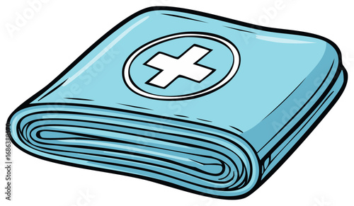 Folded Light Blue Blanket with a White Cross Inside a Circle Cartoon Isolated