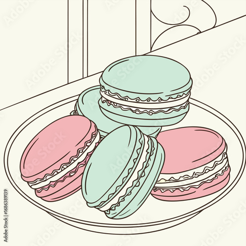 Delightful Macarons on a Plate: A delectable array of pastel-colored macarons sits artfully arranged on a delicate plate, evoking feelings of sweetness and elegance in a charming setting.