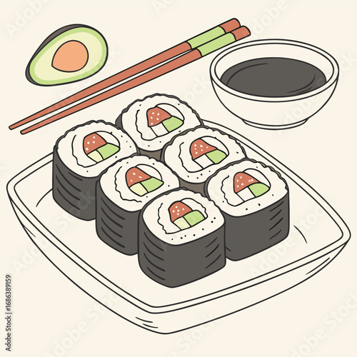 Sushi Feast: A beautifully illustrated, mouthwatering depiction of a classic sushi arrangement featuring fresh ingredients such as seaweed, avocado and sauce, all expertly presented on a plate.