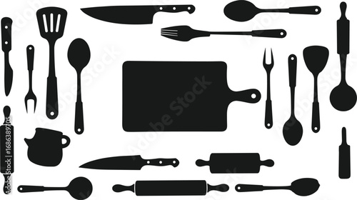 Kitchen utensil silhouette set, cooking tools collection, black icons, knife, spoon, fork, spatula, rolling pin, vector elements