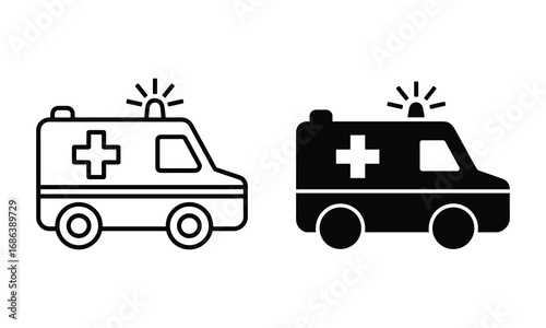 Ambulance icon outline and filled versions with cross on white background Keywords: ambulance, medical, healthcare, emergency