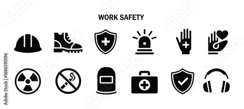 Collection of black work safety icons on white background Keywords: work safety, safety icons, hard hat, safety boot, shield