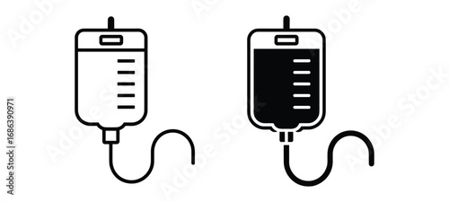 Medical IV drip bag icon outline and filled versions on white background Keywords: iv drip, medical, healthcare, infusion, fluid