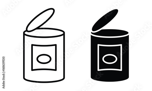 Open tin can icon outline and filled versions on white background Keywords: can, tin, food, open, lid, container, conserve