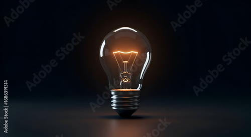 Single incandescent light bulb glowing brightly in a dark studio setting. Illuminating object against a dark background. General object. Use in various types of media -