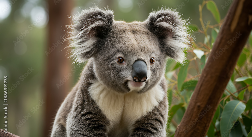 Naklejka premium Cute koala with heart-shaped ears in the forest