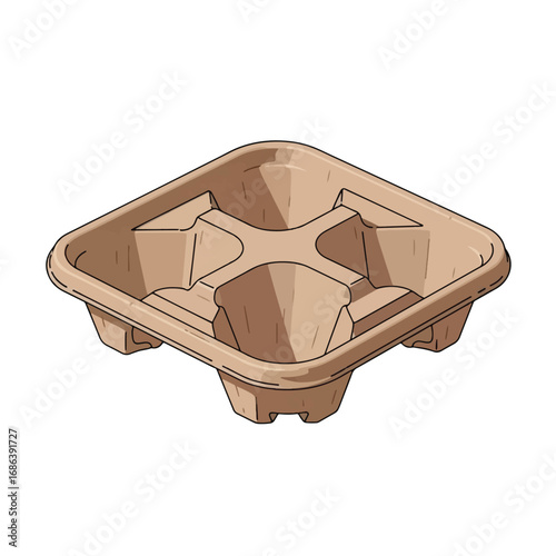 Four-cup square paperboard coffee cup holder, detailed illustration.