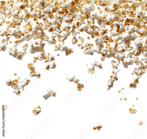 Close-up of popcorn kernels, light tan color, scattered, some falling