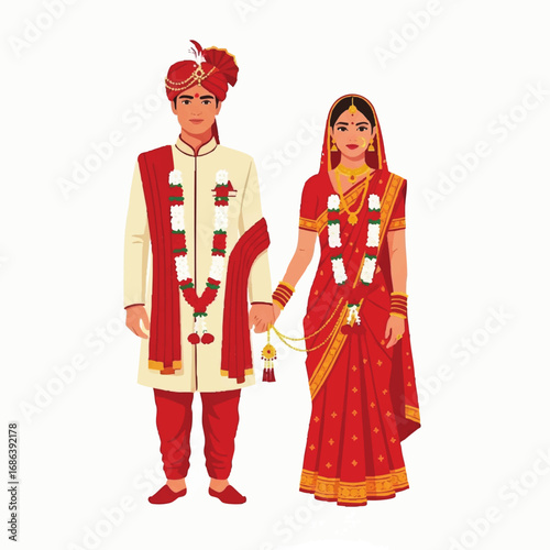 Vector Illustration of Traditional Indian Wedding Couple in Bright Red and Cream Colors with Ornate Garments and Jewelry in Elegant Cultural Style