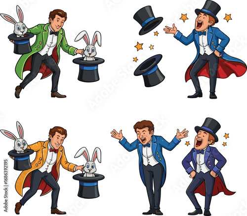 Magicians performing magic tricks with hats and rabbits, colorful costumes, cartoon style, fantasy illusion, entertainment concept illustration.