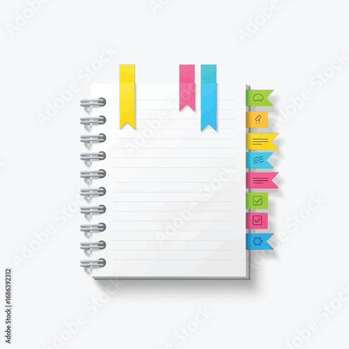 Spiral-bound notebook with colorful sticky note tabs and bookmarks for organization.