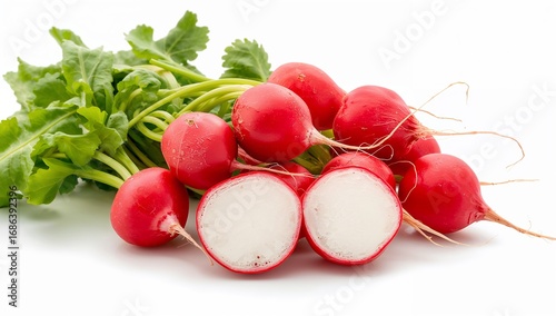 Fresh Red Radishes with Greens on White Background - Whole and Halved