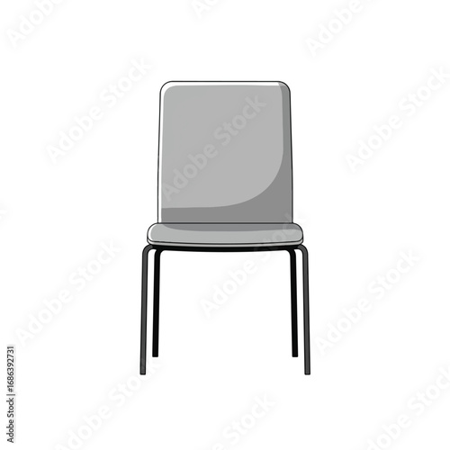 A simple, modern, gray chair with a black metal frame, viewed from the front.