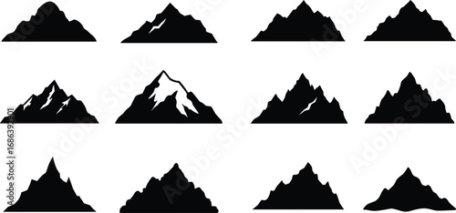 Mountain silhouettes collection, black and white, rugged peaks, nature shapes, outdoor adventure, alpine landscape, hiking icons, wilderness symbols, travel design