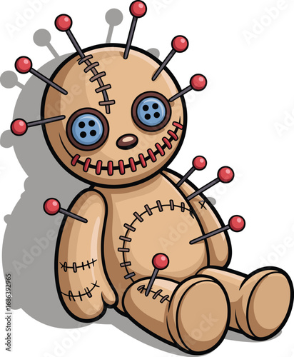 Cartoon voodoo doll with button eyes, red pins in fabric body, spooky Halloween symbol, cute horror, stitched plush figure