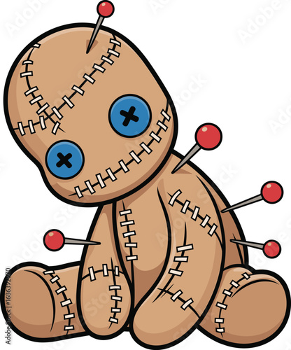 Cartoon voodoo doll with button eyes, red pins in fabric body, spooky Halloween symbol, cute horror, stitched plush figure