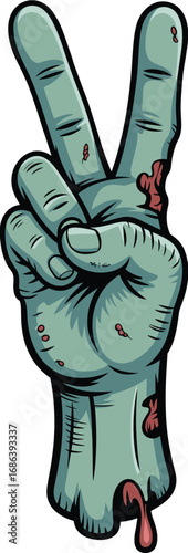 Zombie hand peace sign illustration, cartoon horror design, grunge undead arm with rose, creepy scary gesture, gothic Halloween art