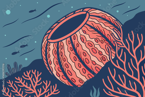 Barrel sponge in the deep ocean, showing its large open structure.
