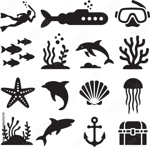 Underwater Life and Marine Activities Silhouette Icons Keywords: underwater, ocean, sea, marine
