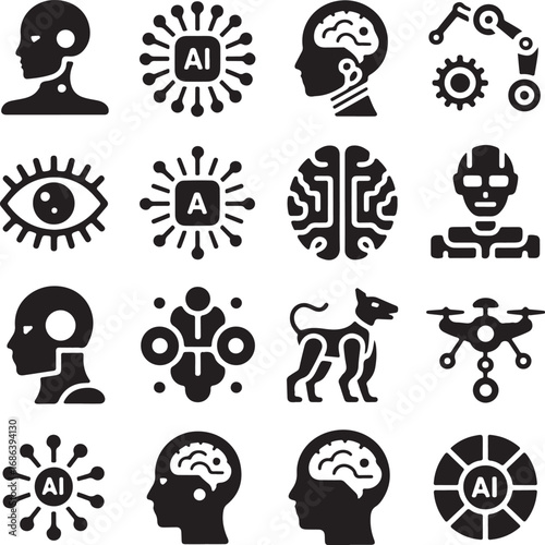 Artificial Intelligence and Technology Icons Set Keywords: AI, artificial intelligence, robot