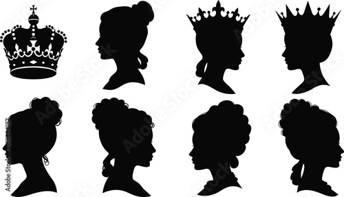 Queen silhouette vector, princess profile, royal woman shadow, crown icon, vintage hairstyle, elegant female head, black outline, regal style