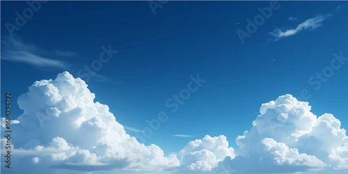 Beautiful fluffy white clouds float across a bright blue sky on a clear day
