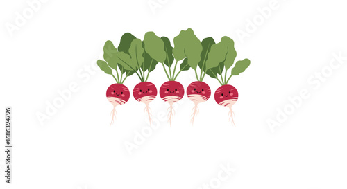 Charming cartoon radishes with happy faces and vibrant green leaves on white background