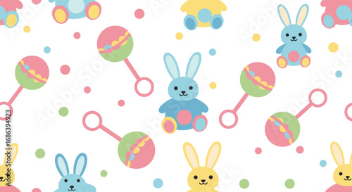 Adorable baby pattern featuring cute bunnies, rattles, and colorful polka dots for joyful designs