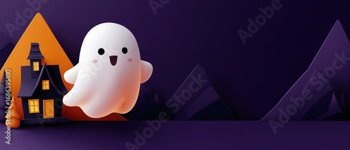 Halloween scene with a friendly, semi-transparent ghost glowing near a stylized, crooked haunted house against a flat dark purple background, with sharp mountains 