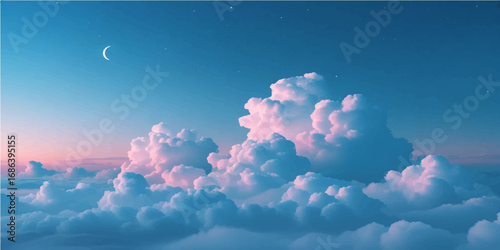White puffy clouds float in a bright blue summer sky above a sparkling sea