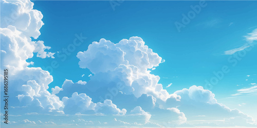 Fluffy white cumulus clouds drift across a beautiful bright blue sky
