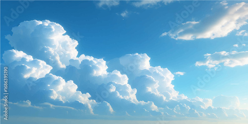 Fluffy white cumulus clouds drift across a beautiful blue sky on a sunny day